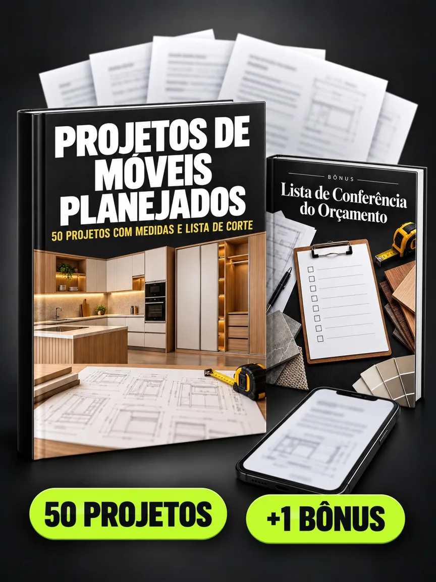Montagem ilustrativa do Projetos de Móveis Planejados: livro com a capa, páginas do material e celular e capas dos bônus